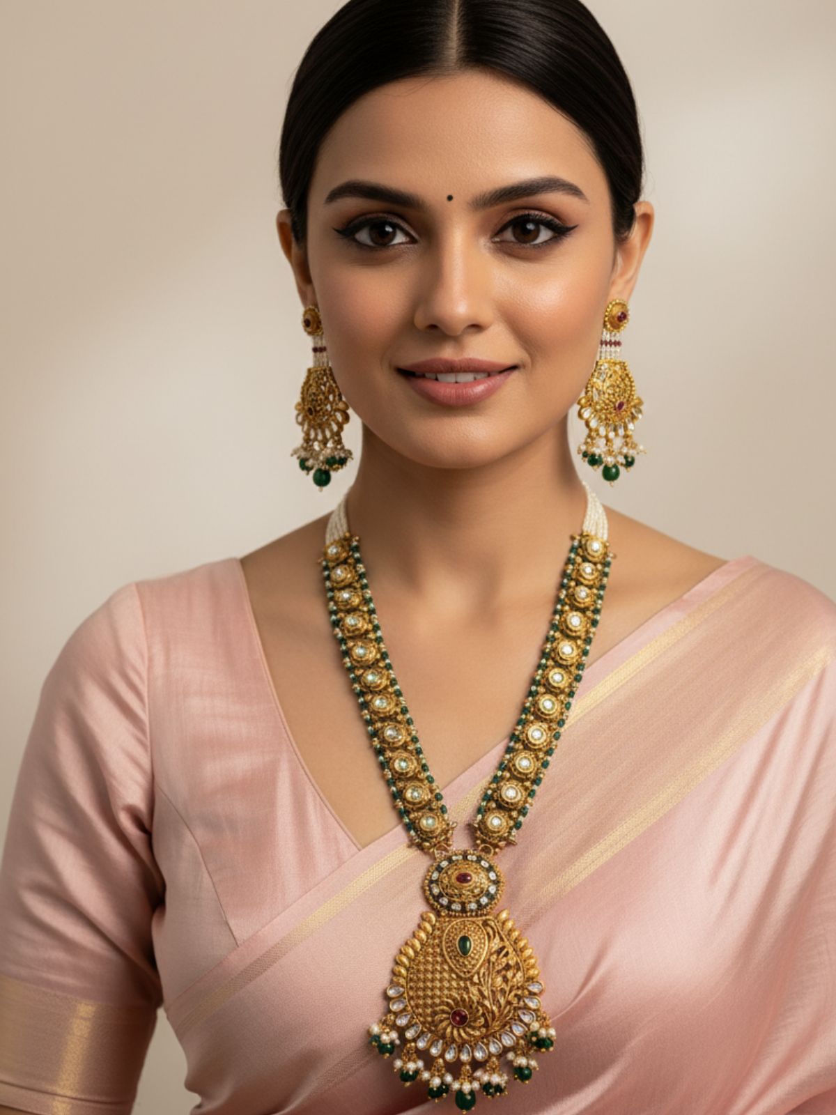 Traditional Women Long Antique Golden Kundan Necklace Set