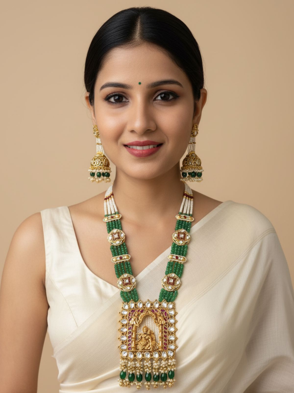 Suhasini Long Antique Golden Radha Krishna Temple Necklace Set With Layered Beads