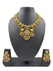 Gold Plated Peacock & Elephant Design Traditional Heritage Antique Jewellery Set For Weddings