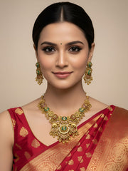 Gold Plated Peacock & Elephant Design Traditional Heritage Antique Jewellery Set For Weddings