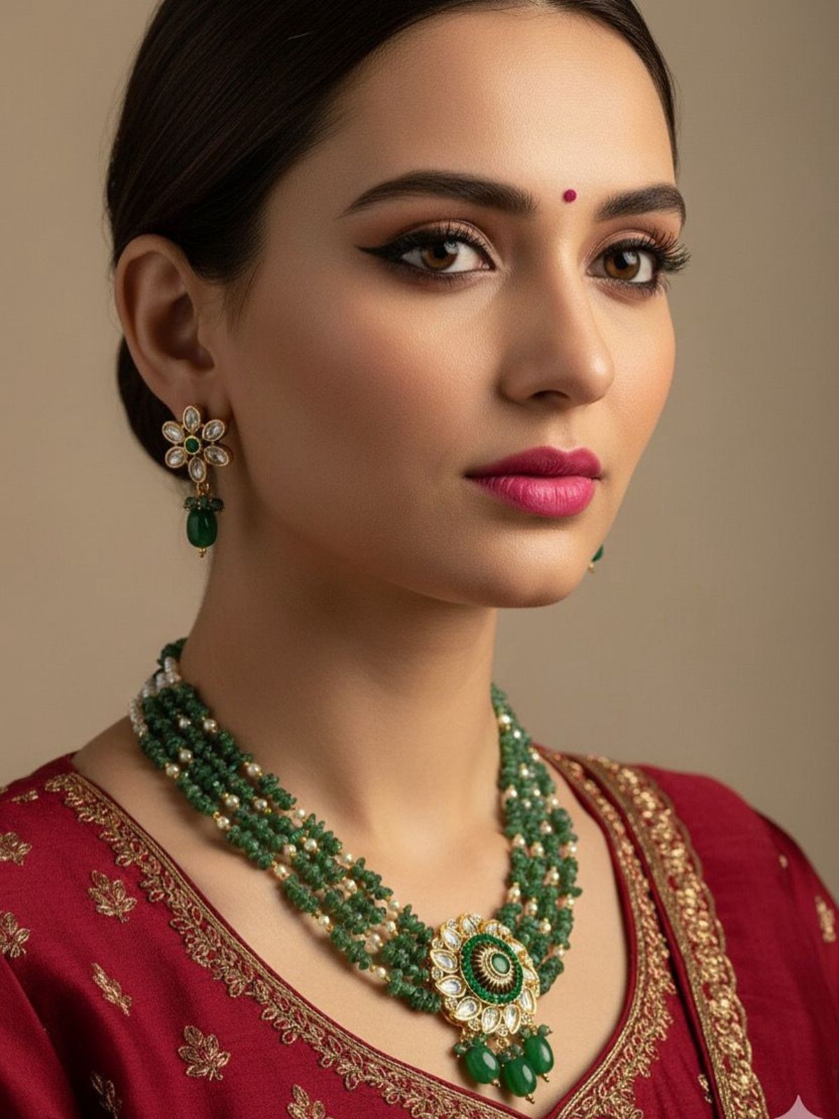 Handcrafted Green Beaded Jewellery Set With Kundan - Festive And Wedding Wear Jewellery