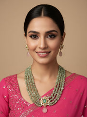 Handcrafted Statement Look Pastel Green Beaded Kundan Necklace Set For Women