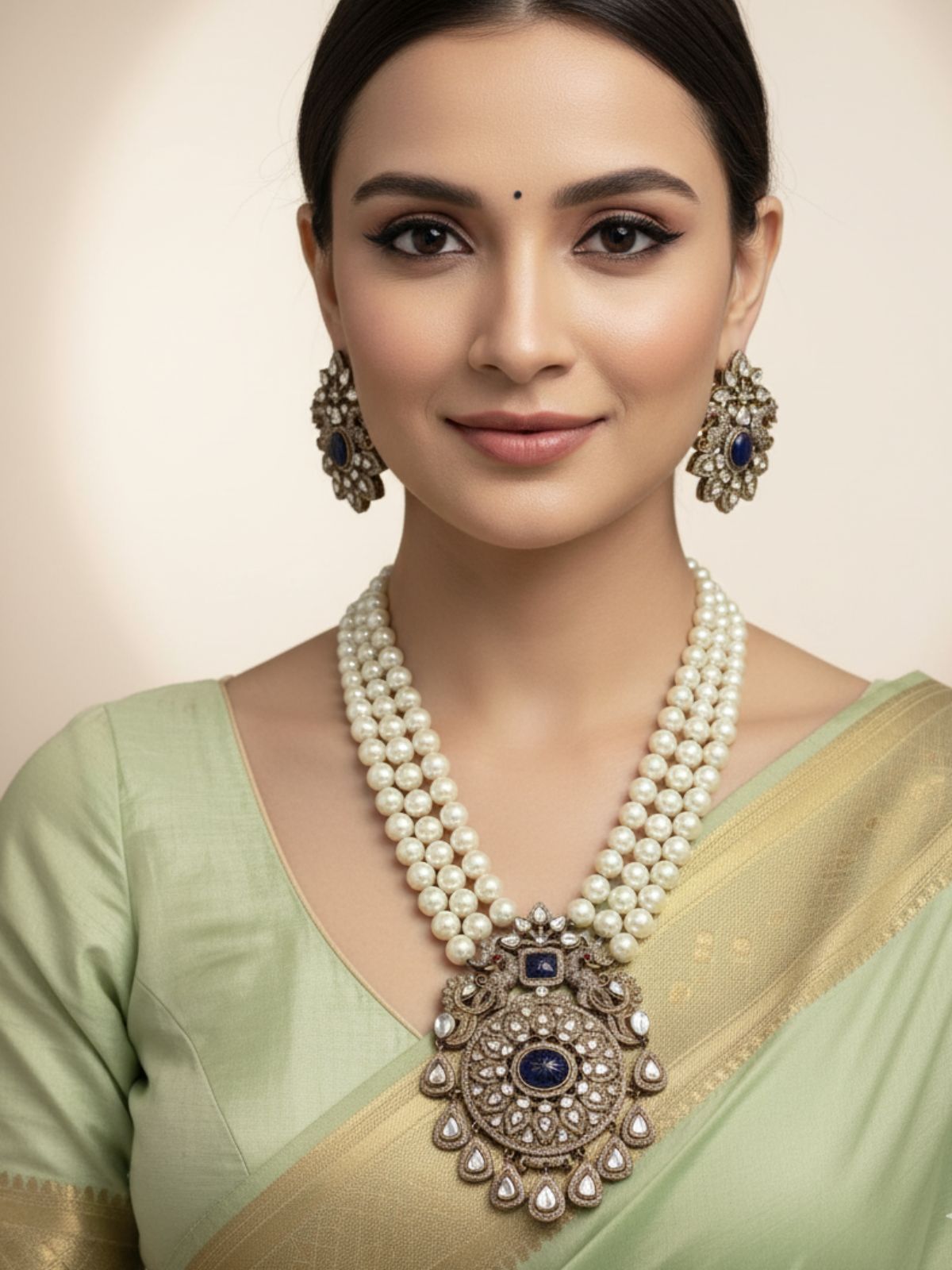 Nandita Antique Victorian Polki Kundan Necklace Set With Layered Pearl Beads - Wedding Wear Jewellery