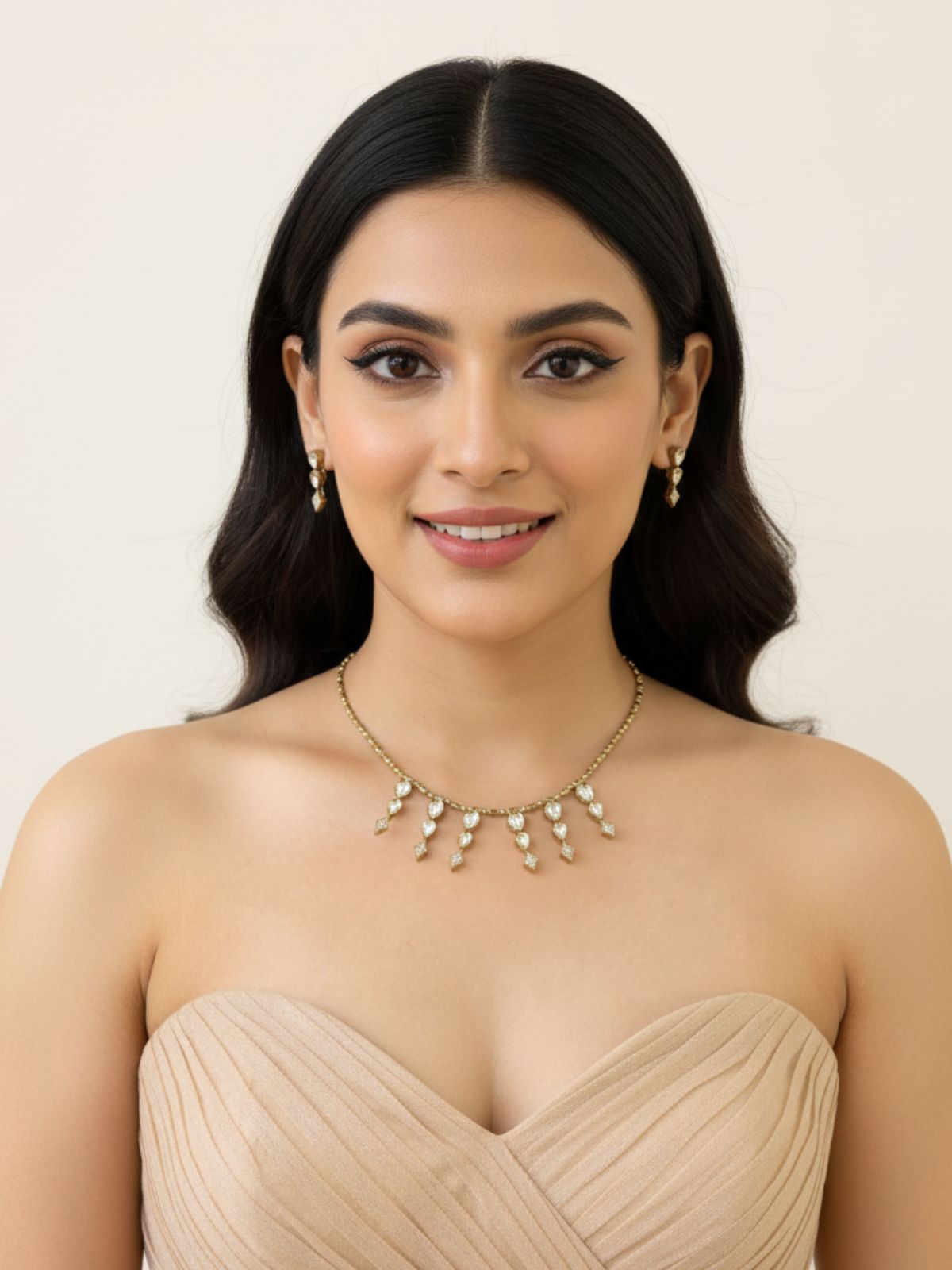 Stylish Minimal Victorian Chain Necklace Set With Polki Drops