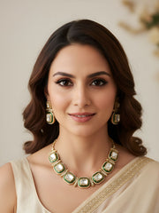 Aarya Contemporary Modern Look Big Polki Necklace Set With Green Enamel - Wedding Jewellery