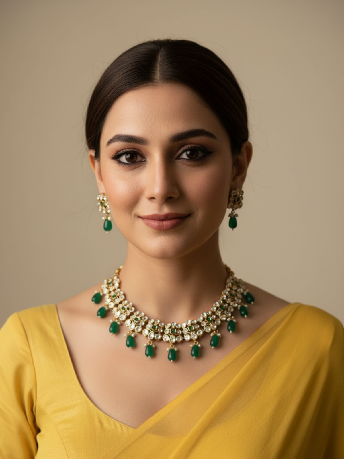 Priyasi Beautiful Short Green Kundan Necklace Set For Women