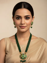 Traditional Gold Plated Multi Color Navratna Pendant Necklace Set With Layered Beads