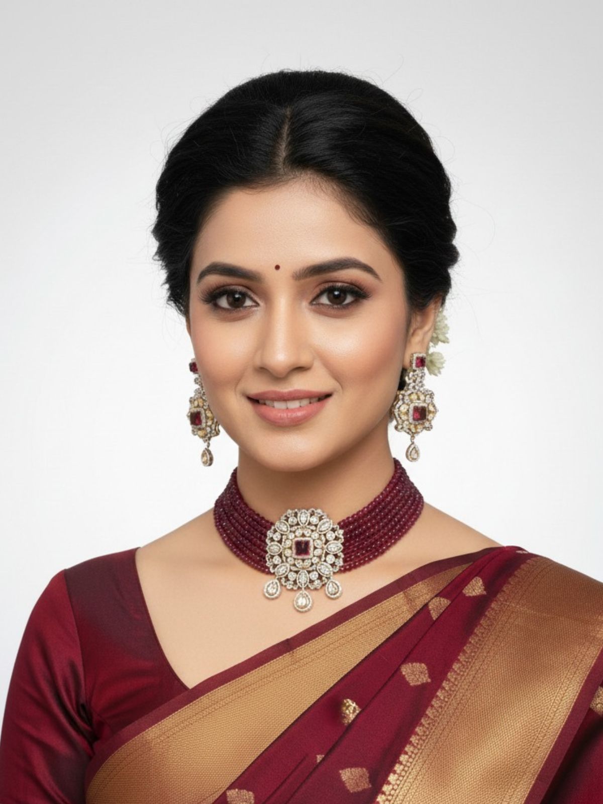 Dual Tone Statement Look Kundan Beaded Red Choker Necklavce Set With Tikka