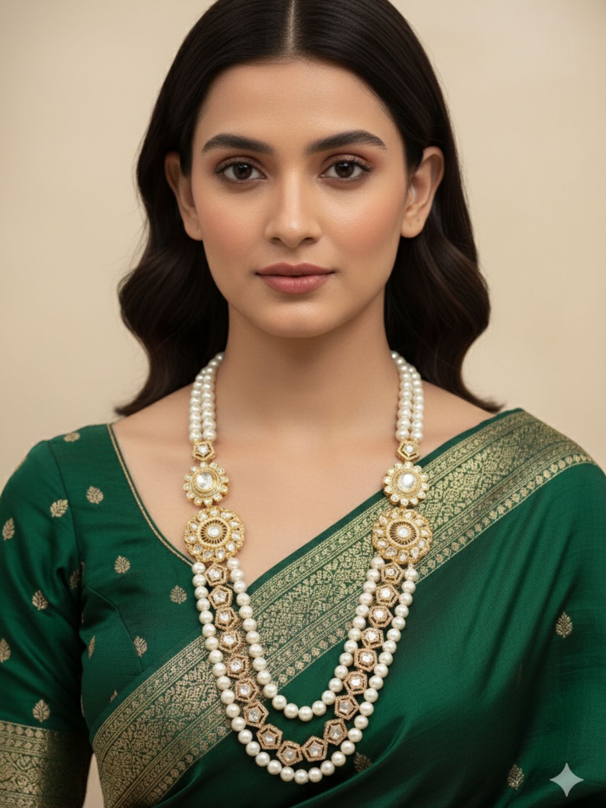 Natural Freshwater Long Pearl Necklace With Kundan Brooch – Beads Jewelry For Grooms Sherwani And Bridal Wear