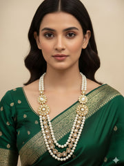 Natural Freshwater Long Pearl Necklace With Kundan Brooch – Beads Jewelry For Grooms Sherwani And Bridal Wear