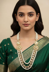 Natural Freshwater Long Pearl Necklace With Kundan Brooch – Beads Jewelry For Grooms Sherwani And Bridal Wear