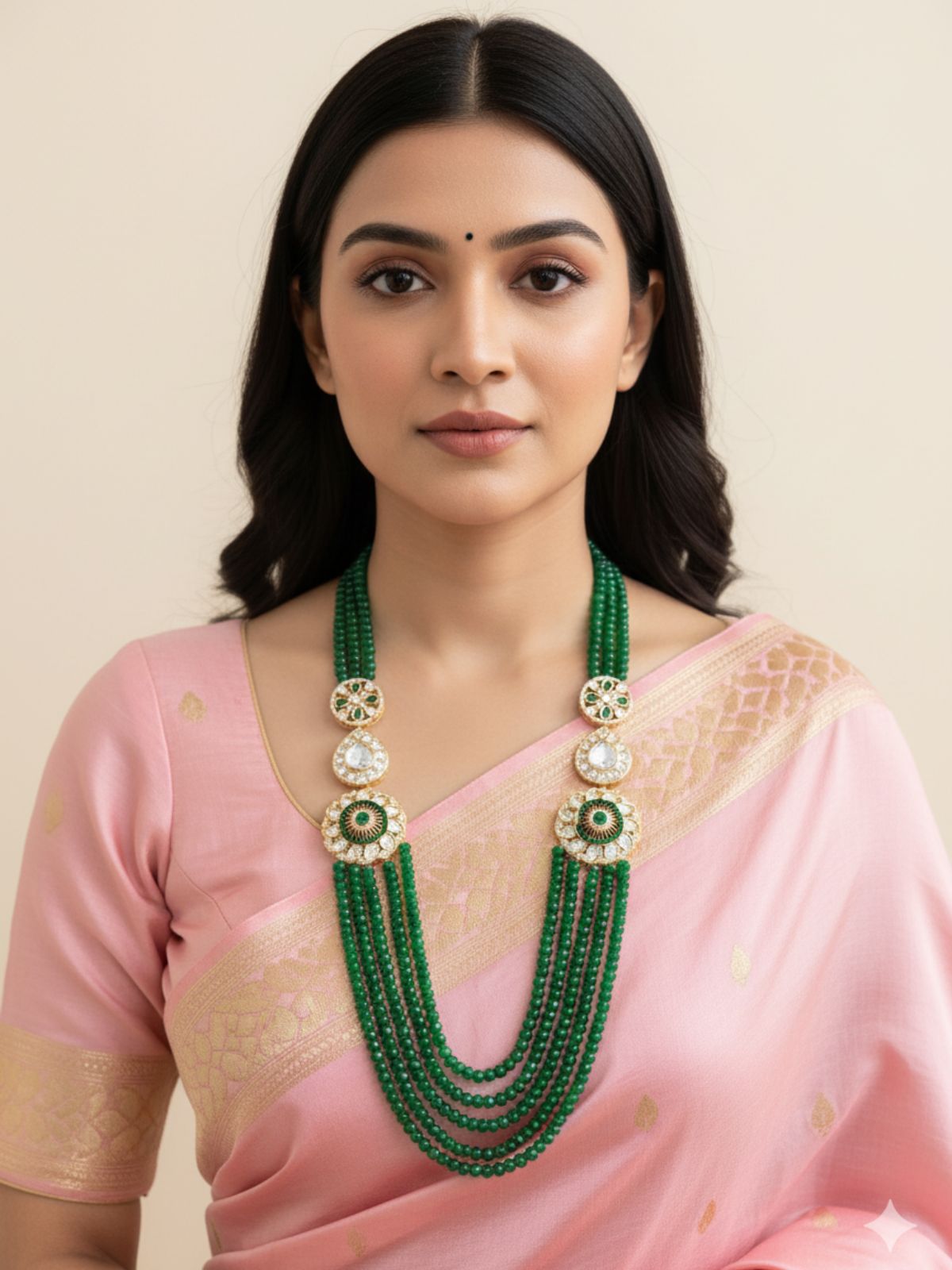 Long Semi Precious Unisex Green Beaded Jewellery Necklace With Kundan And Polki Side Brooches