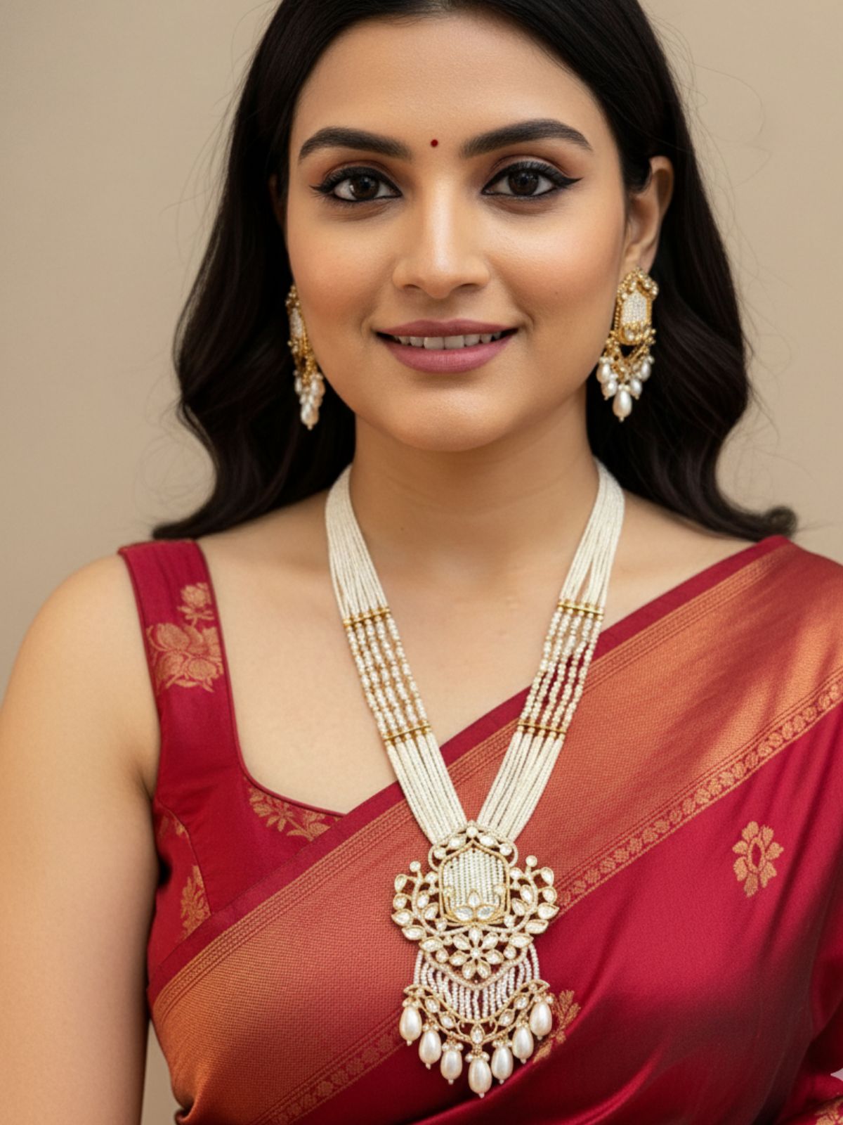 Elegant Long Kundan Pendant Necklace With Pearl Beads | Traditional Premium Kundan Wedding Jewelry