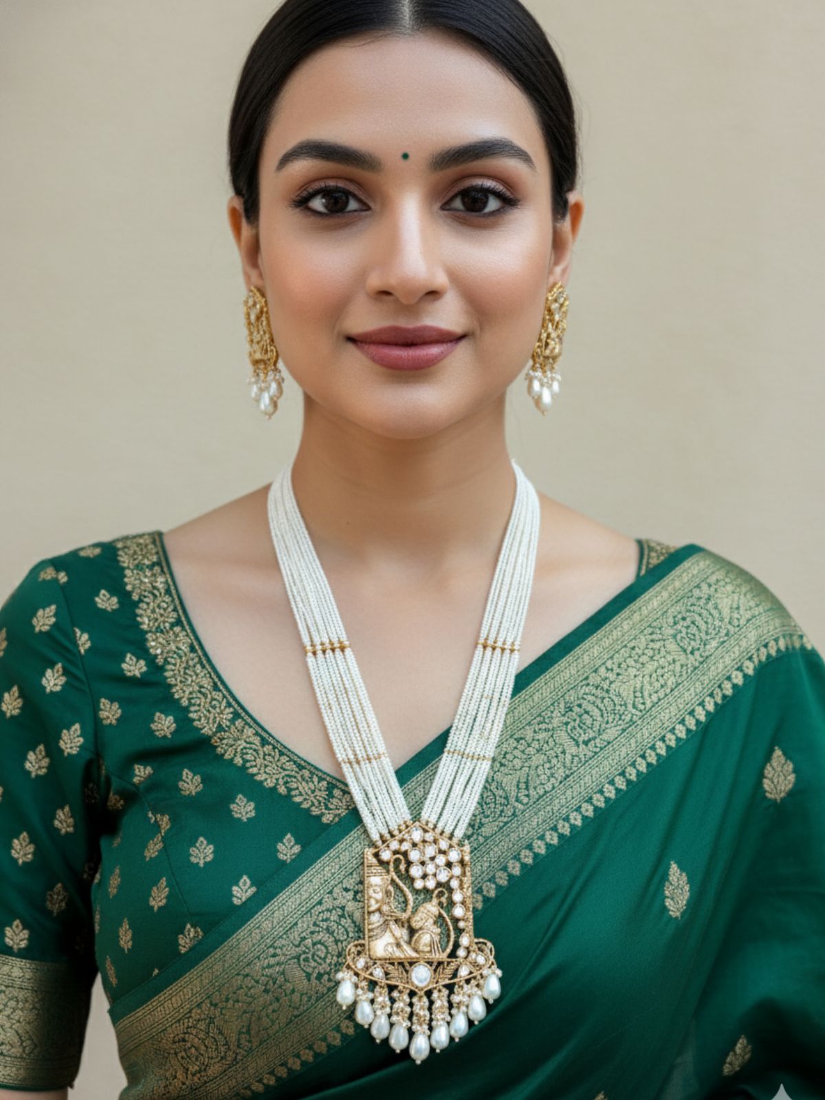 Long Kundan Pearls Necklace Set With Lord Ram And Hanuman Pendant – Traditional Antique Temple Jewelry Set