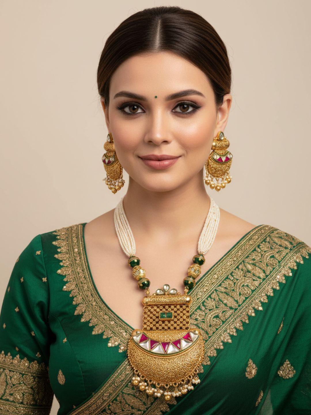 raditional Gold Plated Royal Bridal Look Antique Golden Pendant Necklace Set For Woman