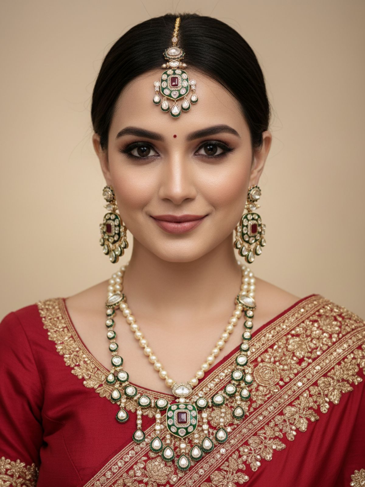 Polki Kundan Long Necklace Set With Green Meenakari | Wedding & Festive Jewelry