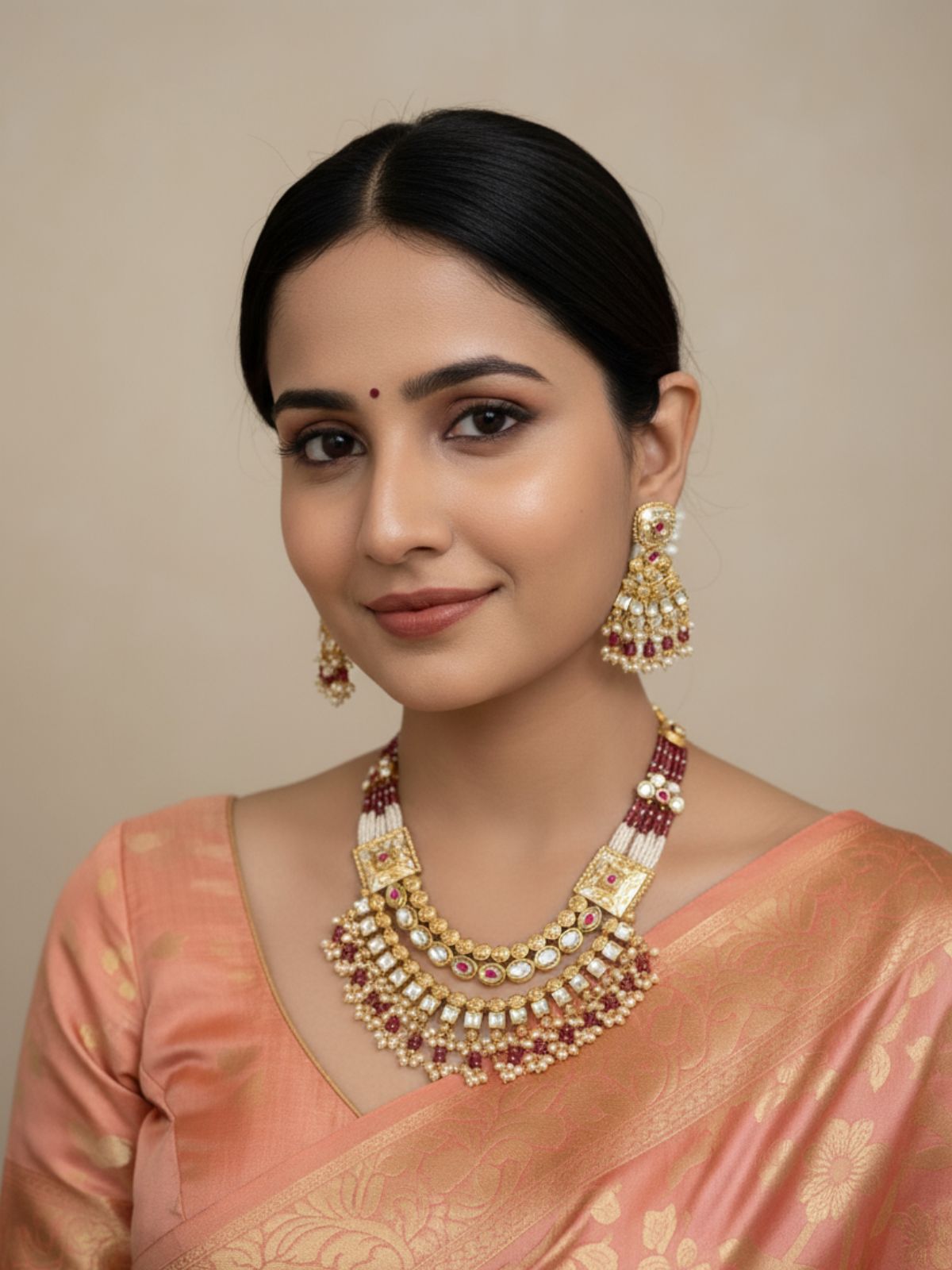 Traditional Antique Necklace Set With Kundan And Pearls - Hertitage Jewellery Set