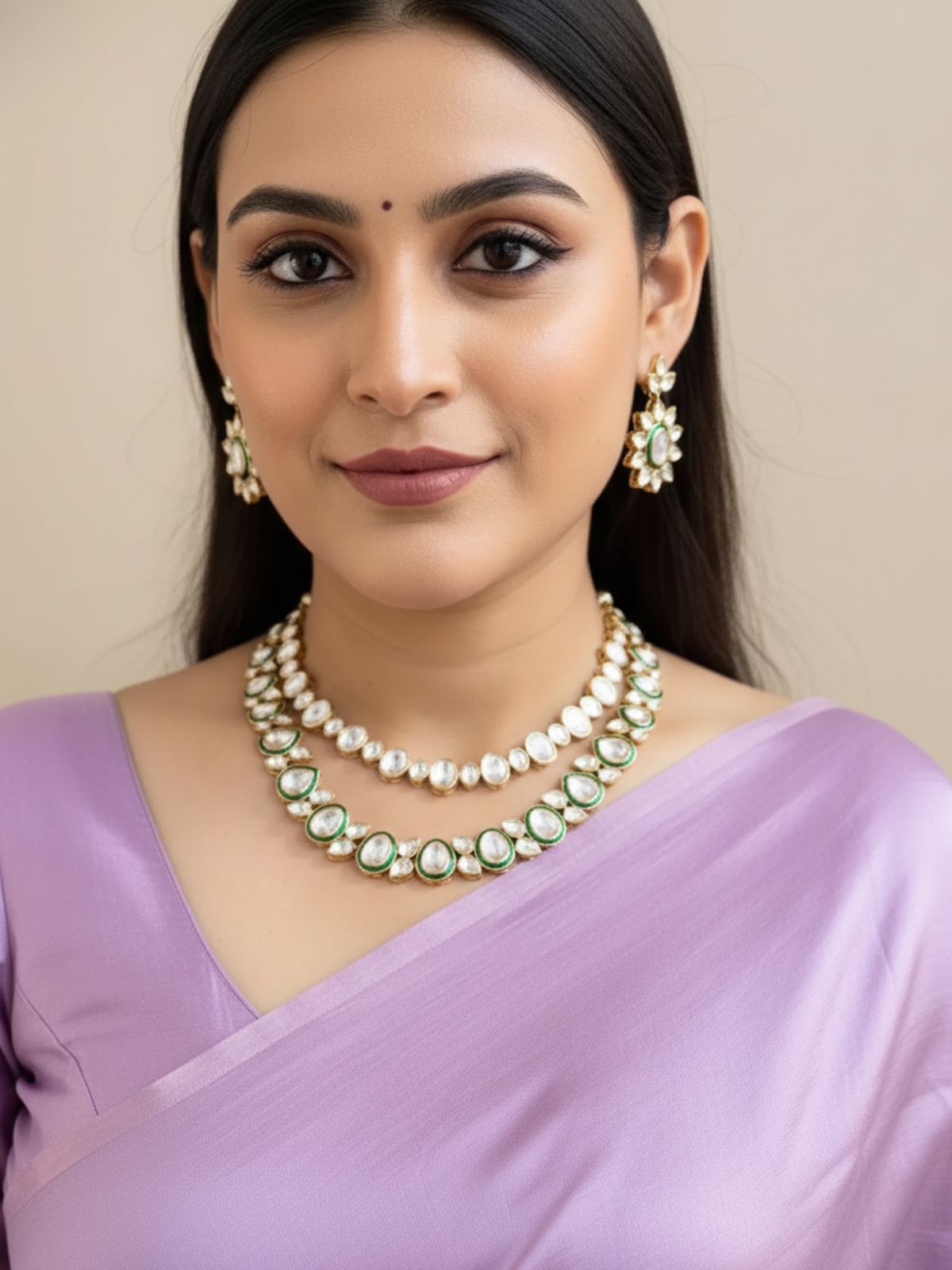 Rose Gold Finish Double Layered Polki Kundan Necklace Set - Wedding And Party Wear Jewelry