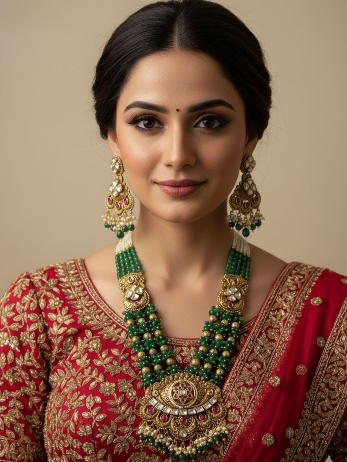 Aarzoo Artificial Gold Plated Long Antique Gold Green Wedding Jewellery Set