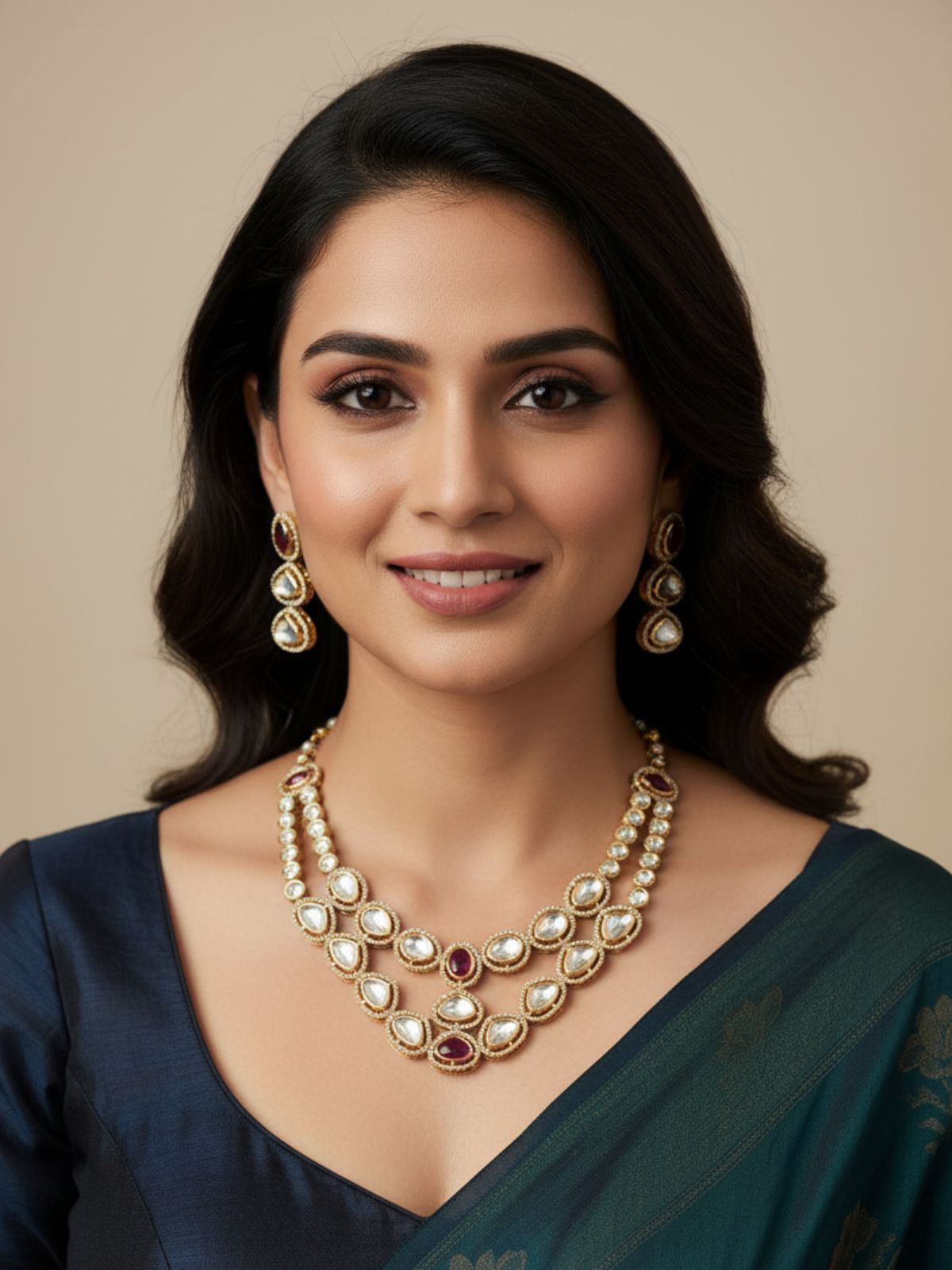 Renee Rose Gold Finish Modern Look Double Strand Kundan Polki Necklace Set