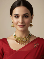 Ethnic Womens Gold Plated Antique Gold Choker Necklace Set