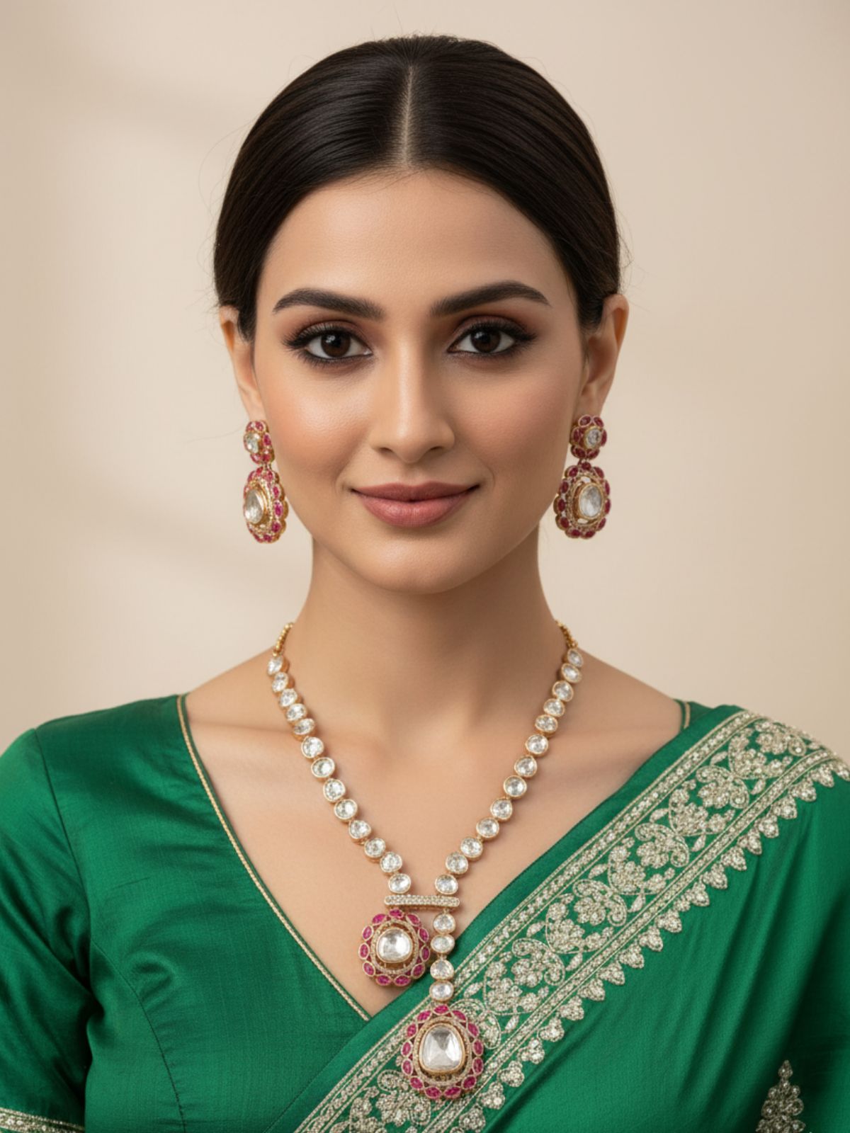 Viviana Rose Gold Finish Modern Look Party Wear Polki Necklace Set