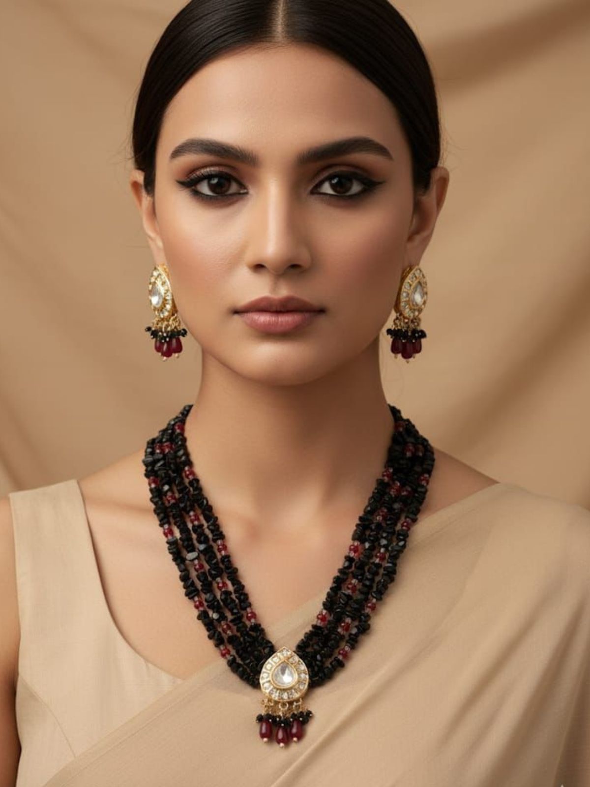 Handcrafted Beaded Kundan Black Necklace Set for Women - Statement Black Necklace
