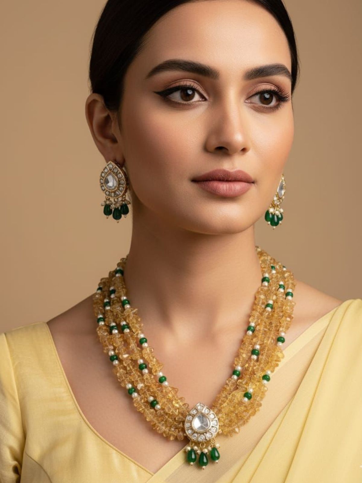 Classy Yellow Citrine Gemstone Beads And Kundan Necklace Set for Women