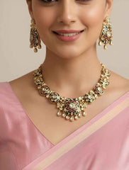 Gold Plated Polki Kundan Necklace Set With Green Enamel - Wedding & Festive Wear