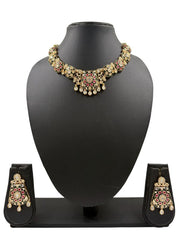Gold Plated Polki Kundan Necklace Set With Green Enamel - Wedding & Festive Wear jewellery set at affordable rates