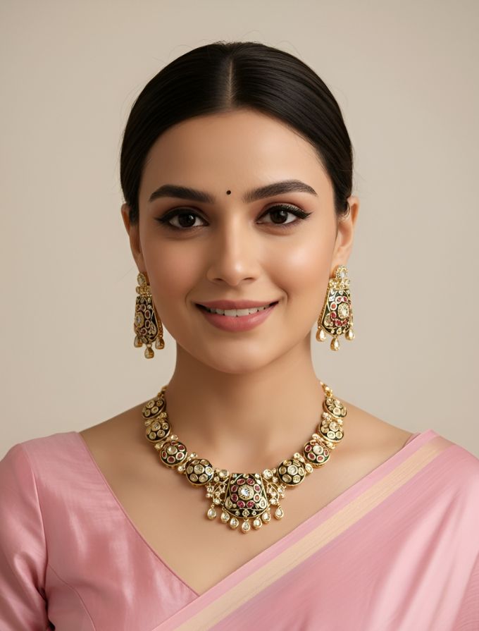 Gold Plated Polki Kundan Necklace Set With Green Enamel - Wedding & Festive Wear