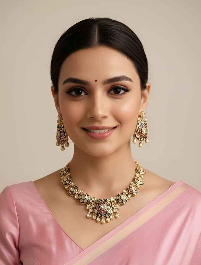 Gold Plated Polki Kundan Necklace Set With Green Enamel - Wedding & Festive Wear