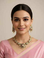 Gold Plated Polki Kundan Necklace Set With Green Enamel - Wedding & Festive Wear