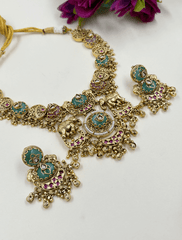 Gold Plated Peacock & Elephant Design Traditional Heritage Antique Jewellery Set For Weddings