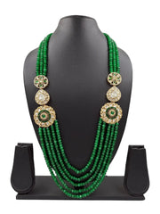 Long Semi Precious Unisex Green Beaded Jewellery Necklace With Kundan And Polki Side Brooches