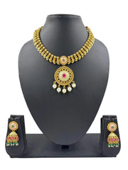 Traditional Gold Plated Antique Gold Necklace Set With Meenakari | Elegant Wedding Jewellery