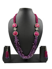 Elegant Long Pink Hydro And Amethyst Teardrops Beaded Necklace Set - Purple Beads Necklace