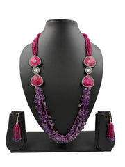 Elegant Long Pink Hydro And Amethyst Teardrops Beaded Necklace Set - Purple Beads Necklace