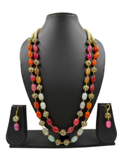 Long Semi Precious Gemstone Chalcedony Multicolor Beaded Necklace Set For Women
