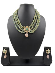 Handcrafted Statement Look Pastel Green Beaded Kundan Necklace Set For Women