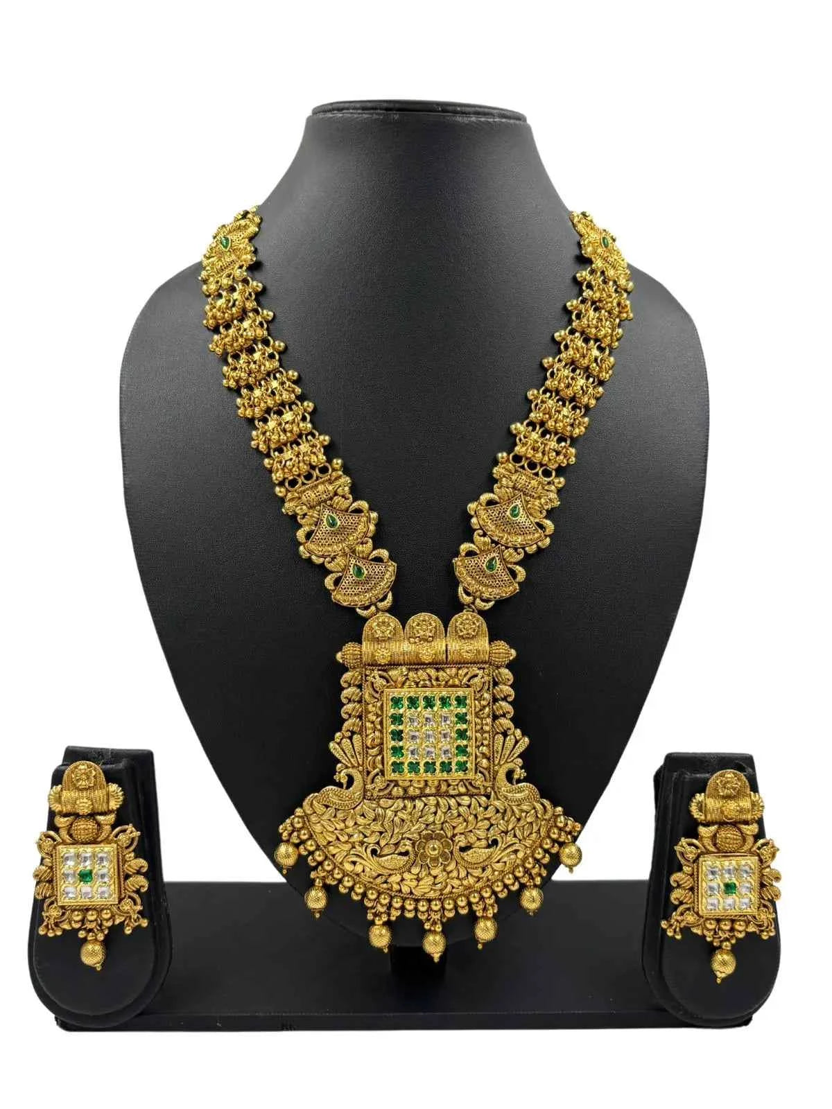 Royal Look Gold Plated Antique Golden Long Necklace Set For Weddings By Gehna Shop