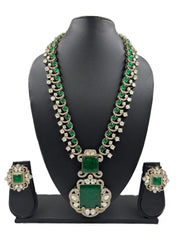 Nita Ambani Inspired Long Antique Victorian Mossanite Polki And Emerald Necklace Set
