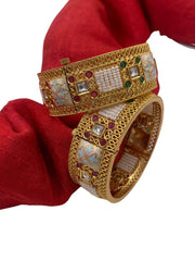 Designer gold plated Broad Golden Bangles with meenakari handcrafted for weddings by Gehna Shop