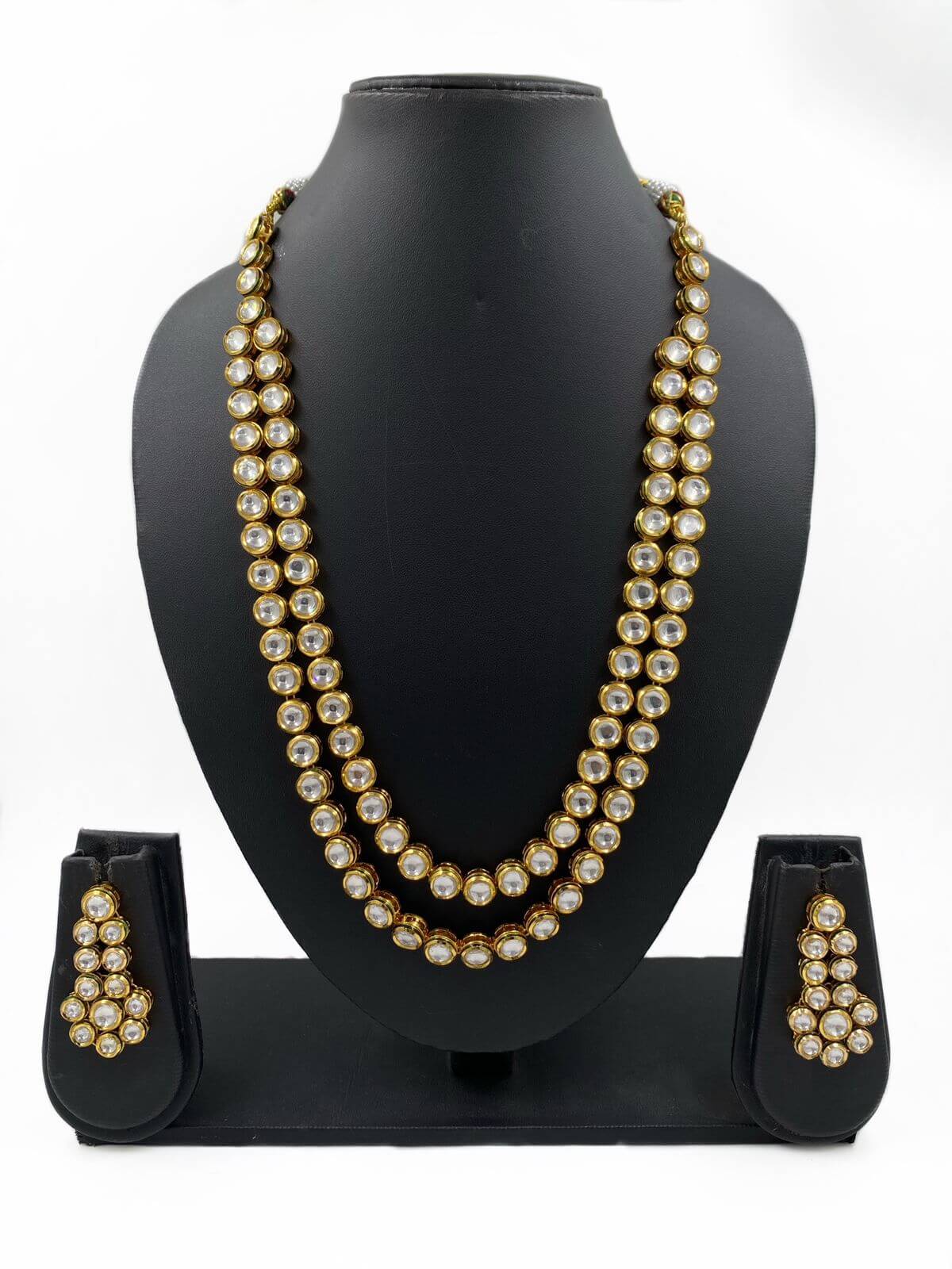 Gold Plated Two Layer Long Kundan Necklace Set