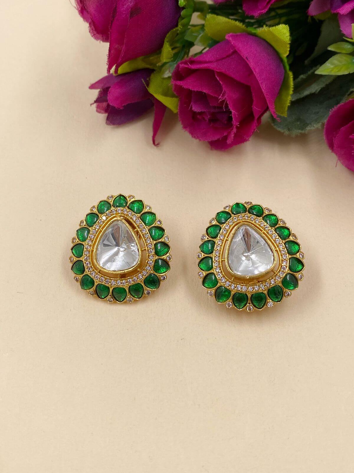 Beautiful Uncut Polki Stud Earrings For Women | Kundan Stud Earrings