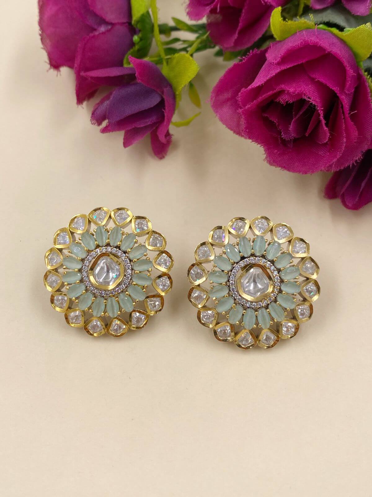 Designer Pastel Green Big Uncut Polki Stud Earrings for women