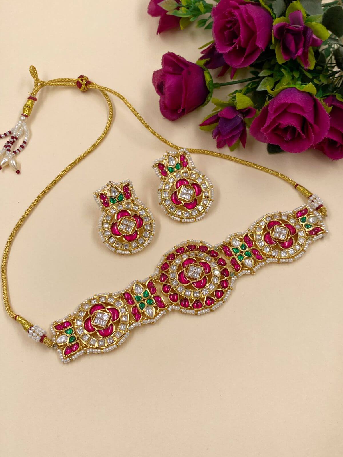 Designer Modern Look Ruby Polki Choker Jewellery Set for weddings and parties