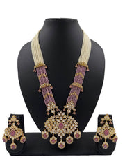 Swarnika Pink Long Polki Pendant Necklace Set for weddings.
