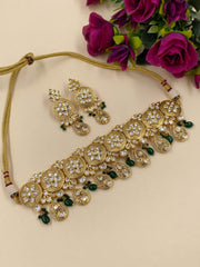 Designer Gold Plated Antique Polki green Choker Necklace Set For Women By Gehna Shop