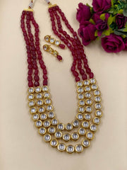 Long Triple Layer Kundan and Maroon Beads Necklace Set